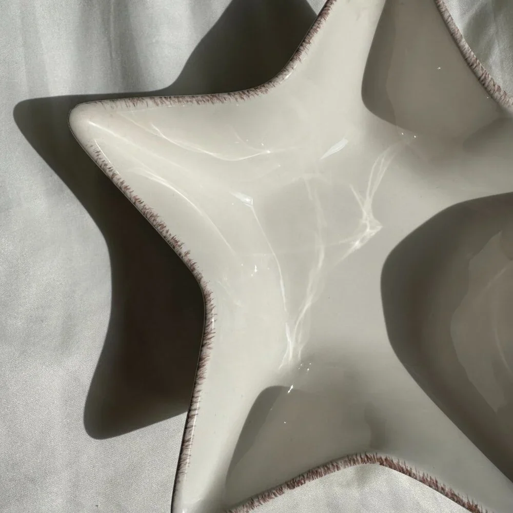 EUC, Pottery Barn Star Shape Serving Dish, Ceramic, Cream with Brown Trim, 7 in.